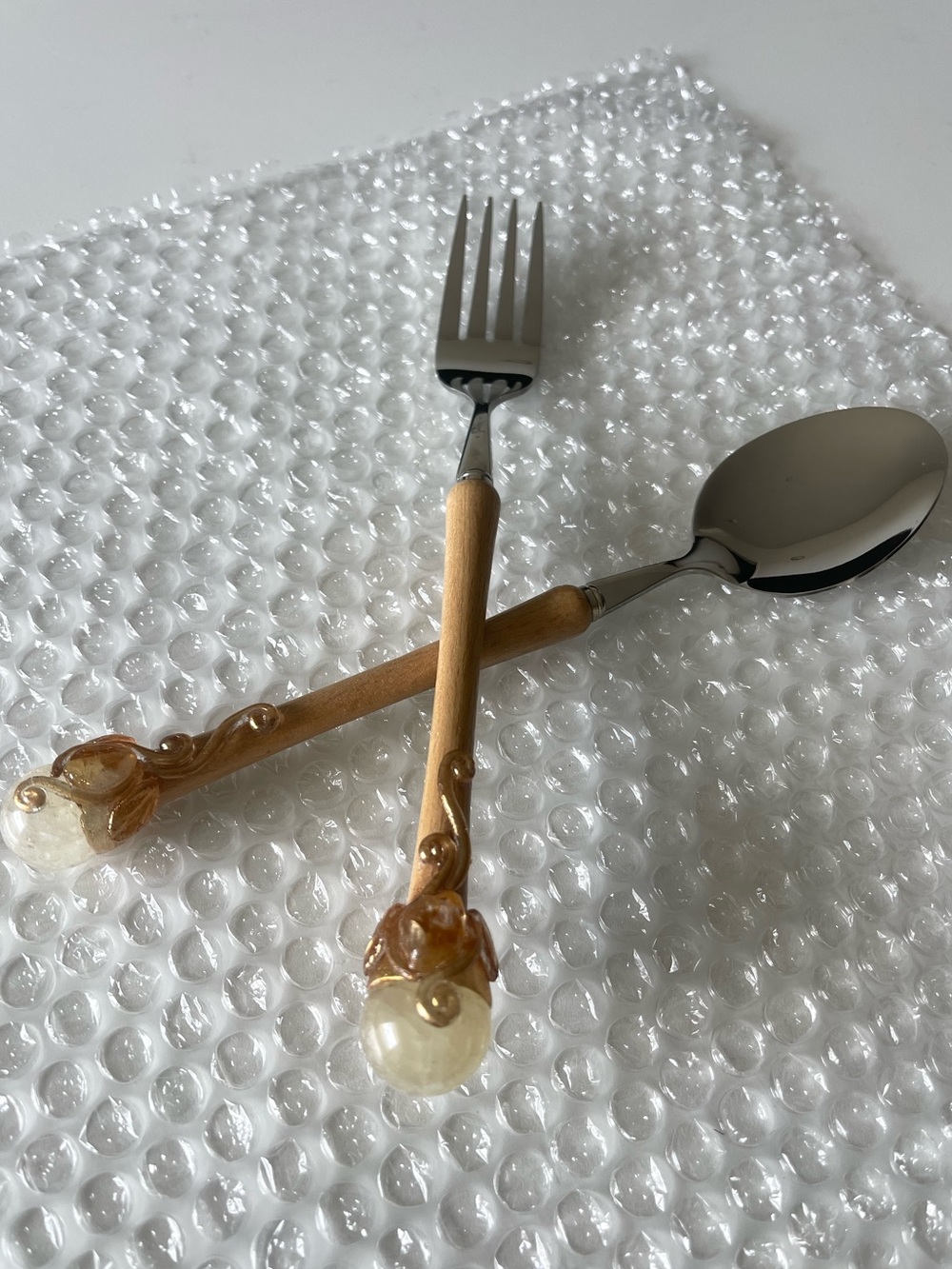 Handmade Wood-Handle Stainless Steel Spoon and Fork Set Decorative Crystal Ends